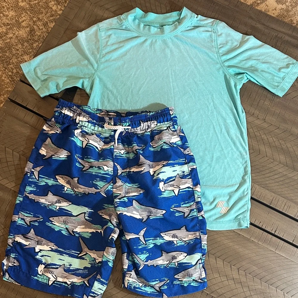 Set Bathing Suit and Rash guard Swim Shirt SPF Aqua and Blue Shark